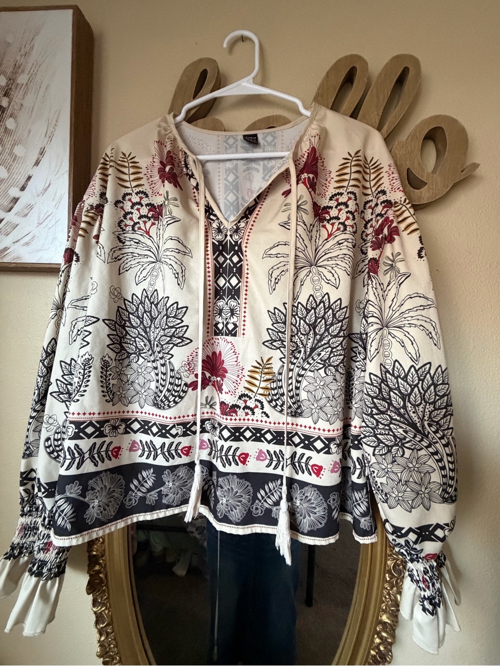 SHEIN Cream V-Neck Boho Embroidered Pullover Sweater